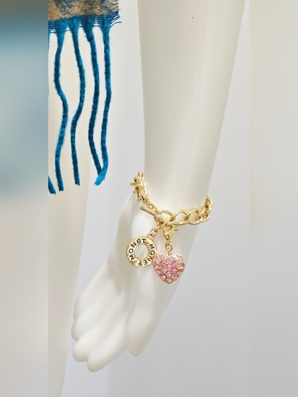 NWOT Monet Gold Link Toggle Bracelet Pink Pave Set Rhinestone Puffed Heart Charm